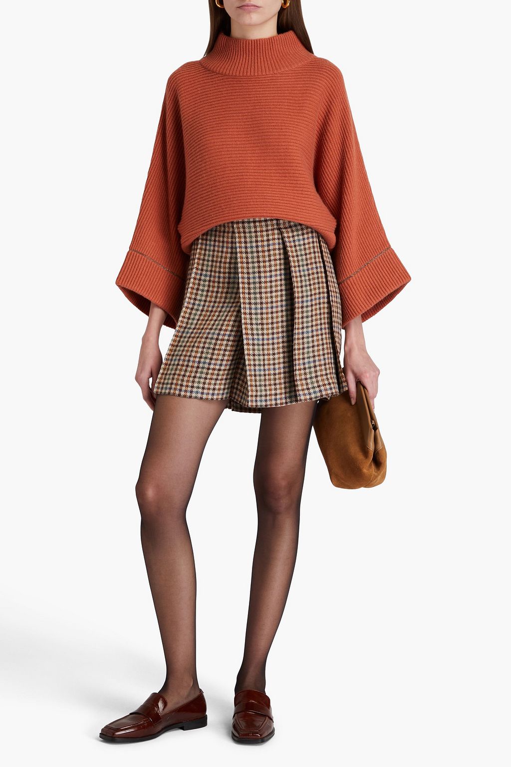 BRUNELLO CUCINELLI Mini-Wickelrock aus Tweed aus einer Leinen-Seidenmischung mit Gingham-Karo