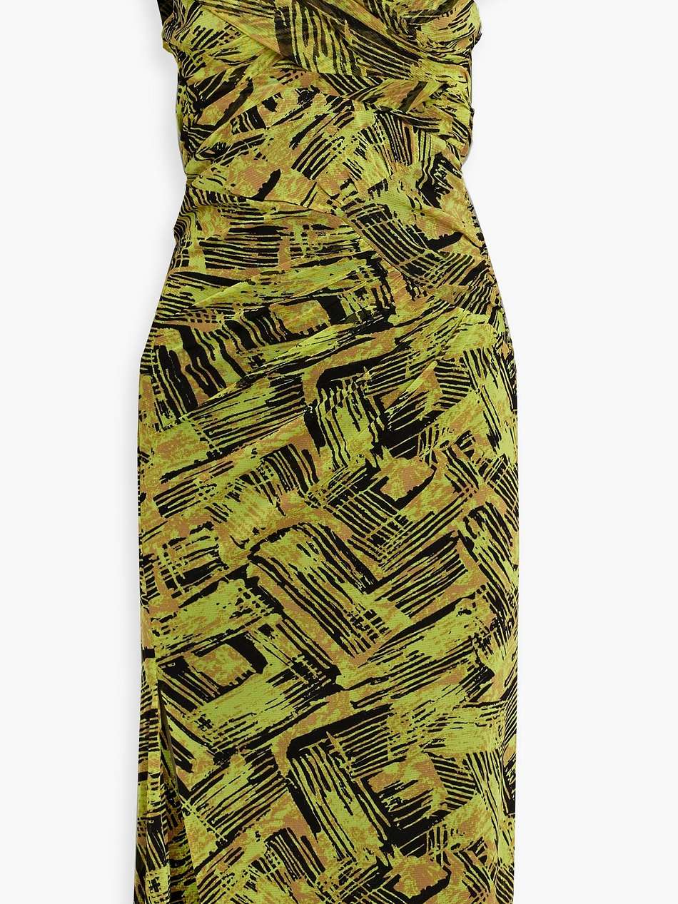 lovina off-the-shoulder ruched printed mesh dress