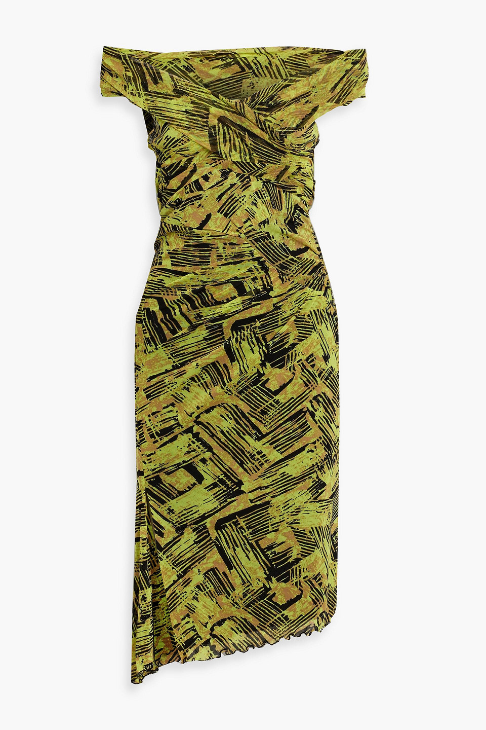 Diane Von Furstenberg Lovinia Off-the-shoulder Ruched Mesh Dress In Chartreuse