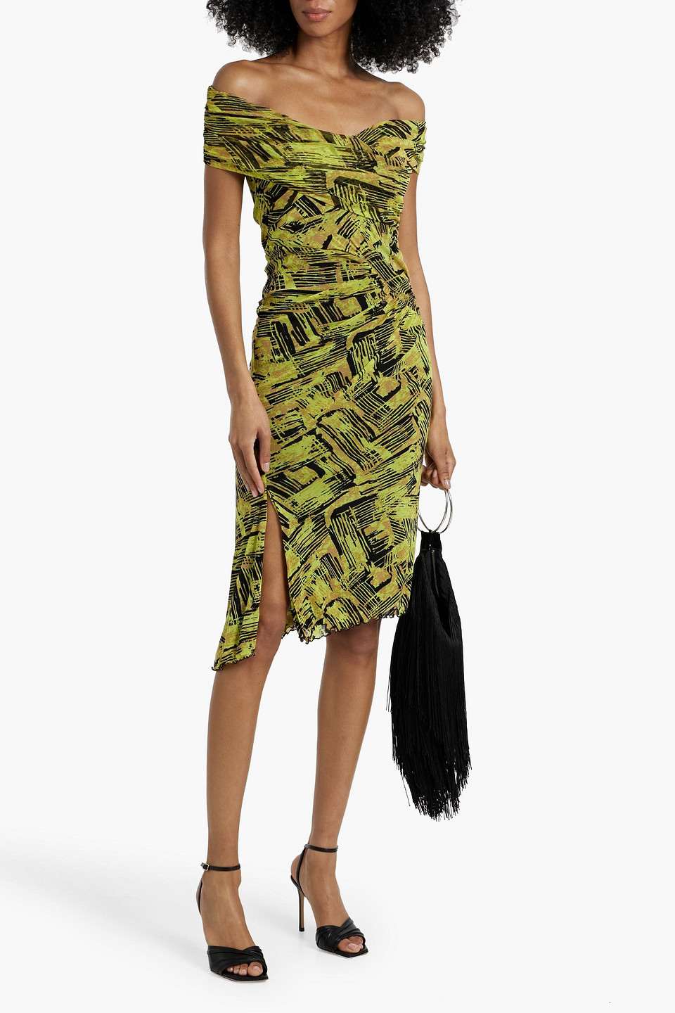 Diane Von Furstenberg Lovinia Off-the-shoulder Ruched Mesh Dress In Chartreuse