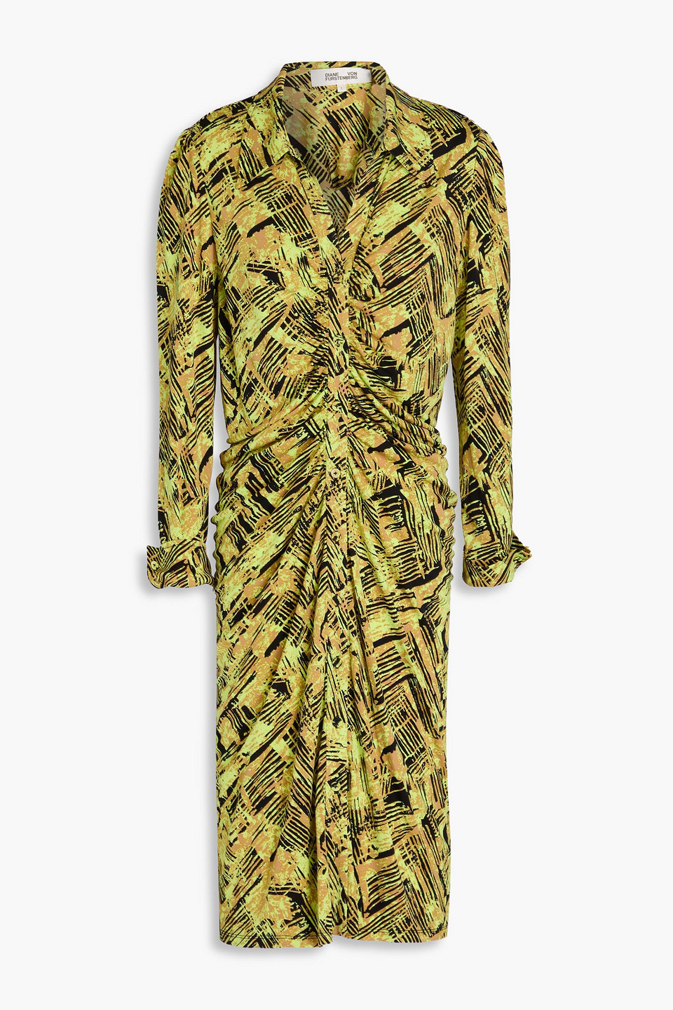 Diane Von Furstenberg Sheska Ruched Printed Jersey Dress In Chartreuse