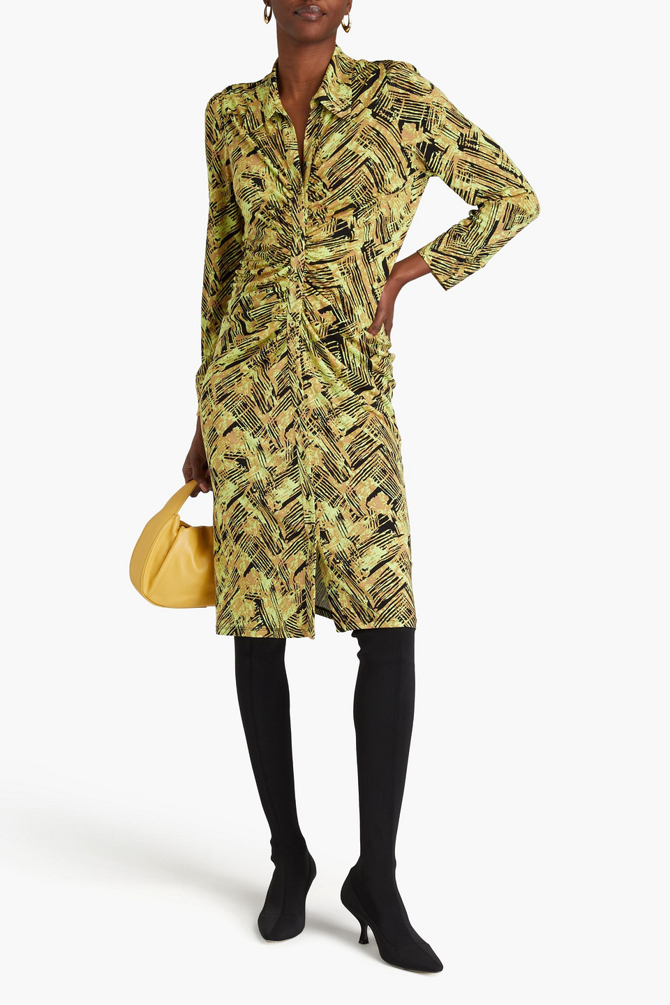 Diane Von Furstenberg Sheska Ruched Printed Jersey Dress In Chartreuse