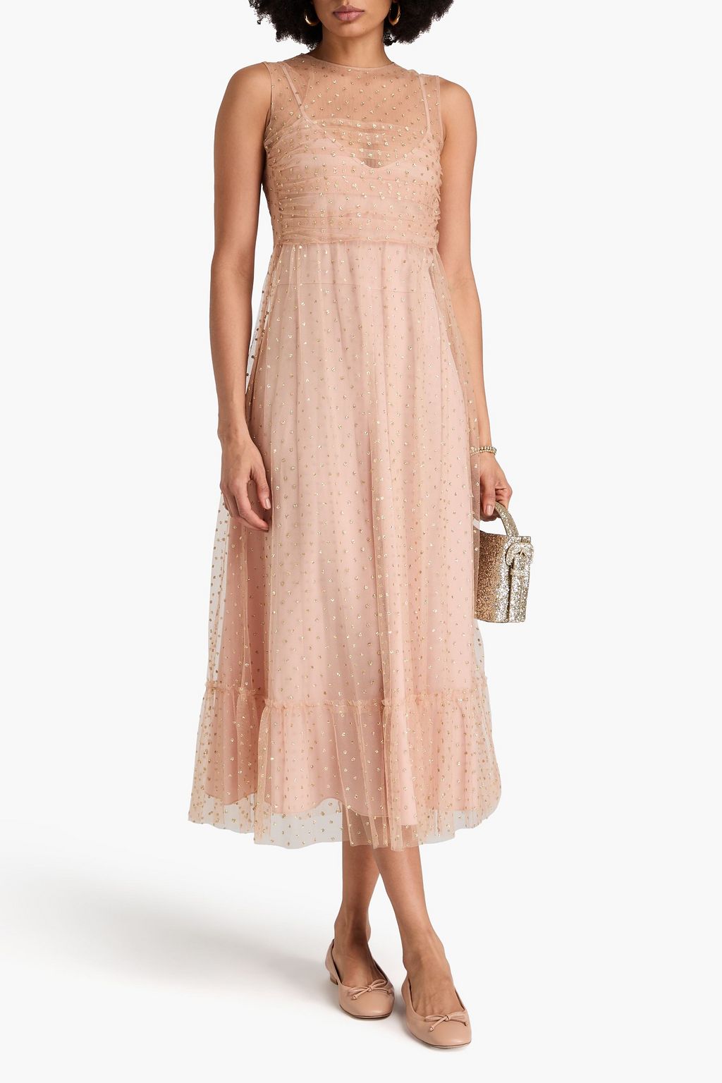 REDVALENTINO فستان متوسط الطول وبتصميم ملموم من التول مزيّن بالحلى المتلألئة