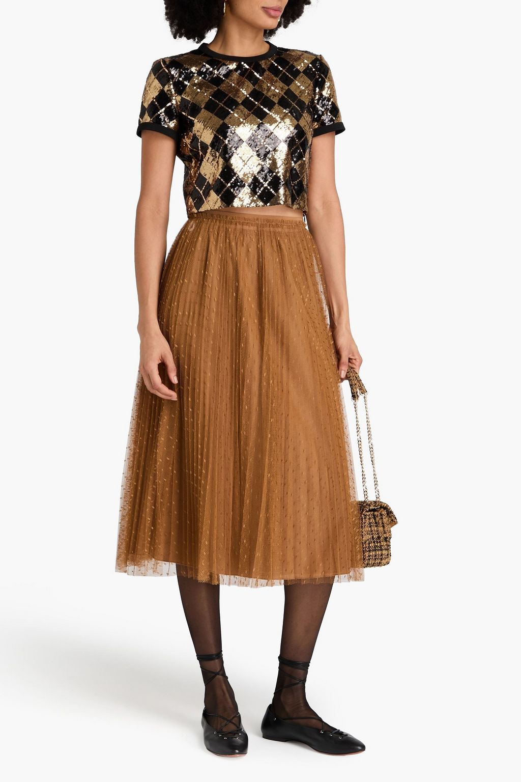 REDVALENTINO بلوزة قصيرة مصنوعة من التول ومزينة بأقراص برّاقة