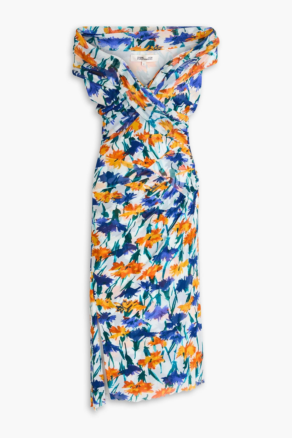 Diane Von Furstenberg Lovinia Off-the-shoulder Ruched Mesh Dress In Royal Blue