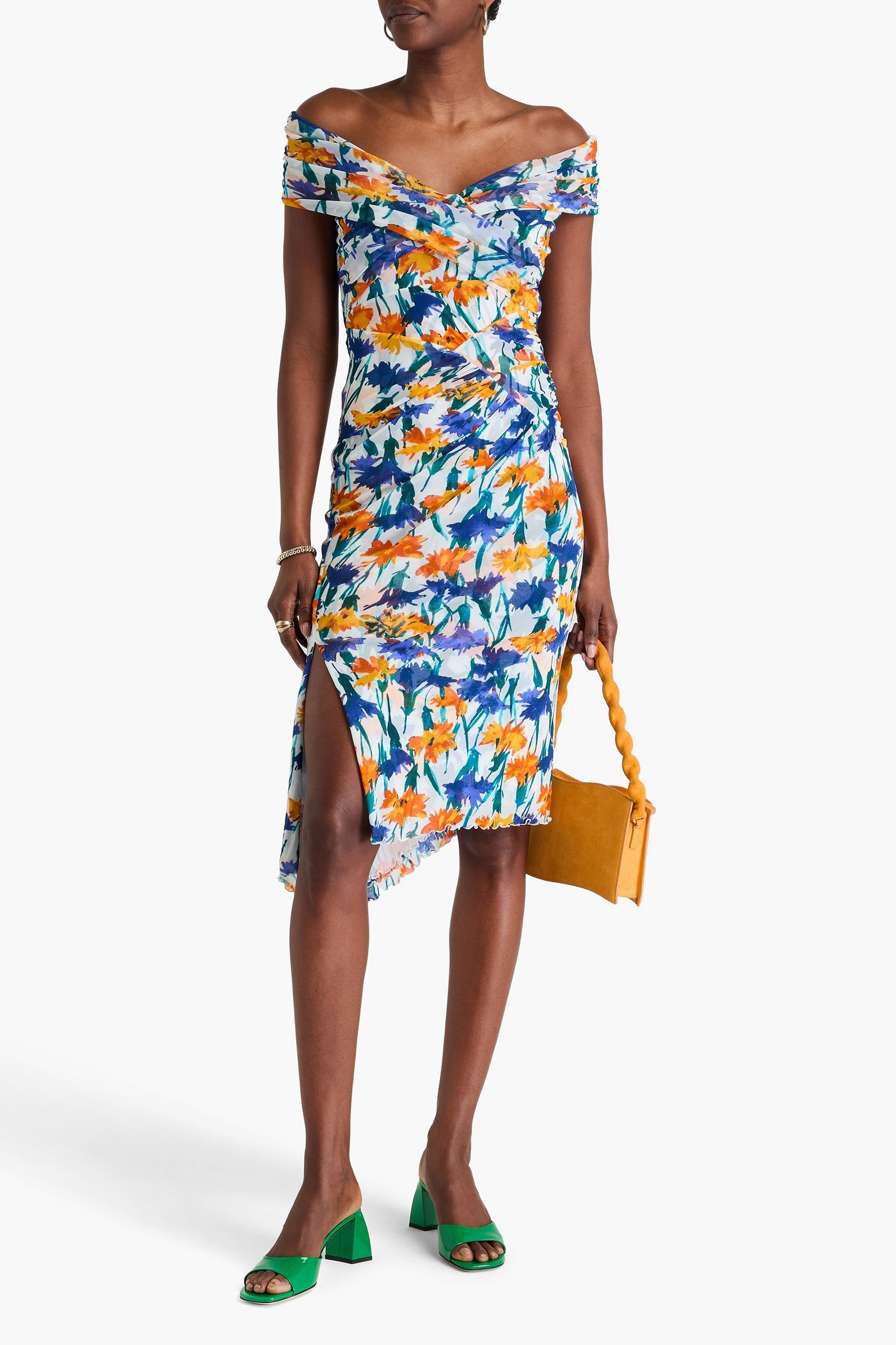 Diane von Furstenberg Lovina off-the-shoulder ruched printed mesh dress