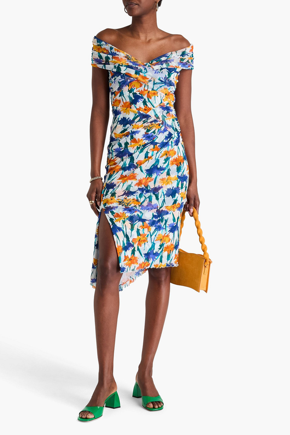 Diane Von Furstenberg Lovinia Off-the-shoulder Ruched Mesh Dress In Royal Blue