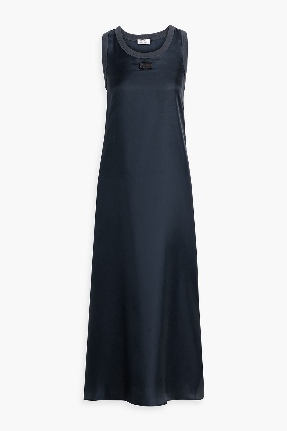 Brunello Cucinelli Bead-embellished Silk-satin Midi Dress In Navy
