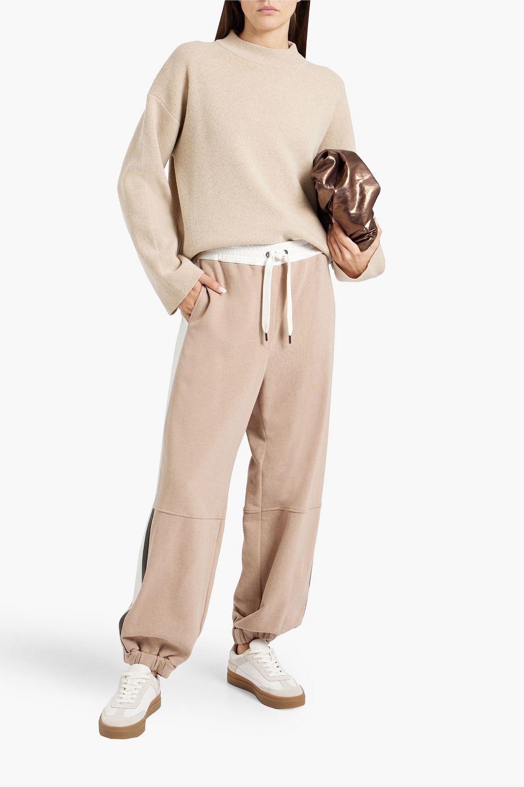BRUNELLO CUCINELLI Bead-embellished French cotton-terry track pants
