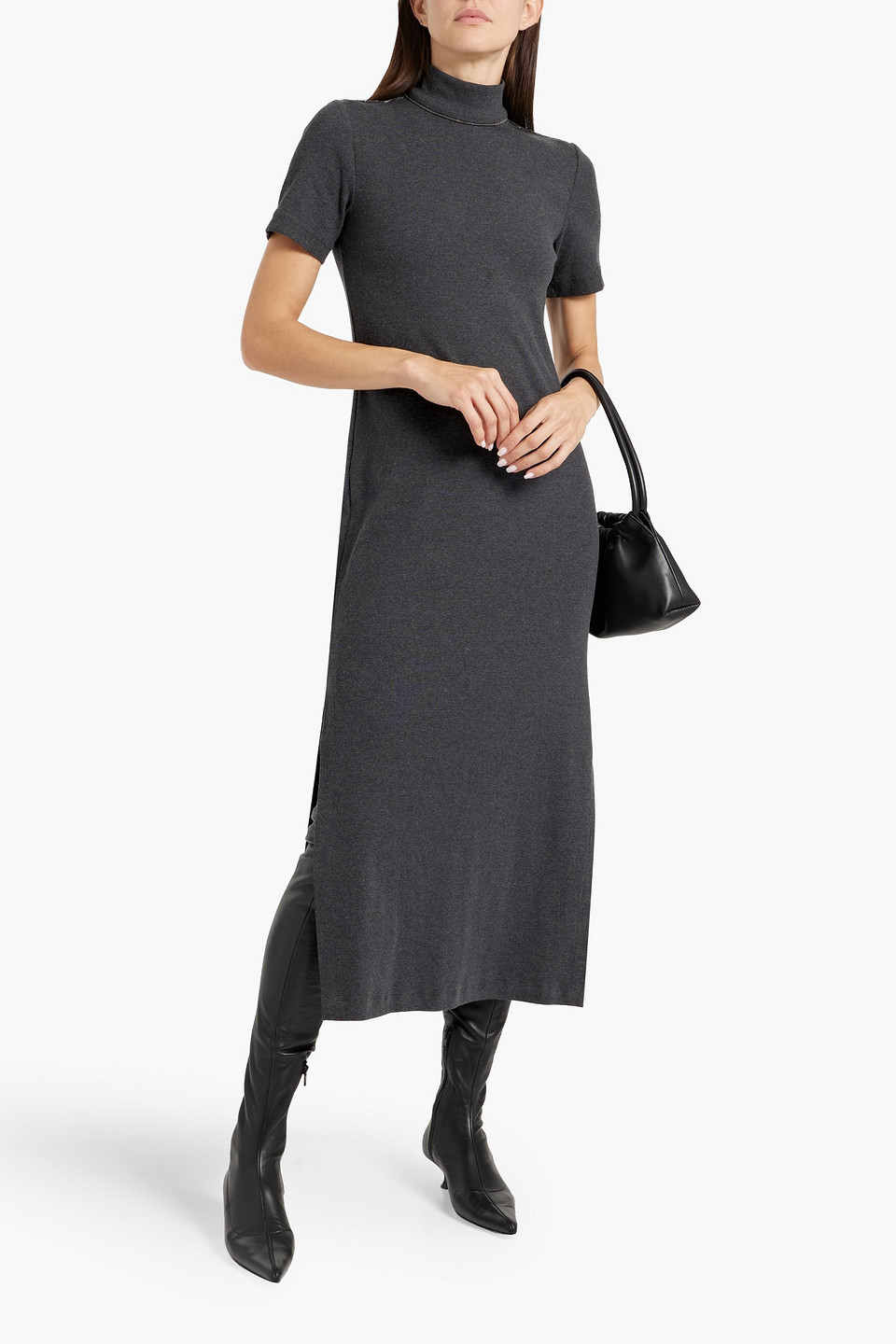 Brunello Cucinelli Bead-embellished Ribbed Cotton-blend Midi Dress In Anthracite