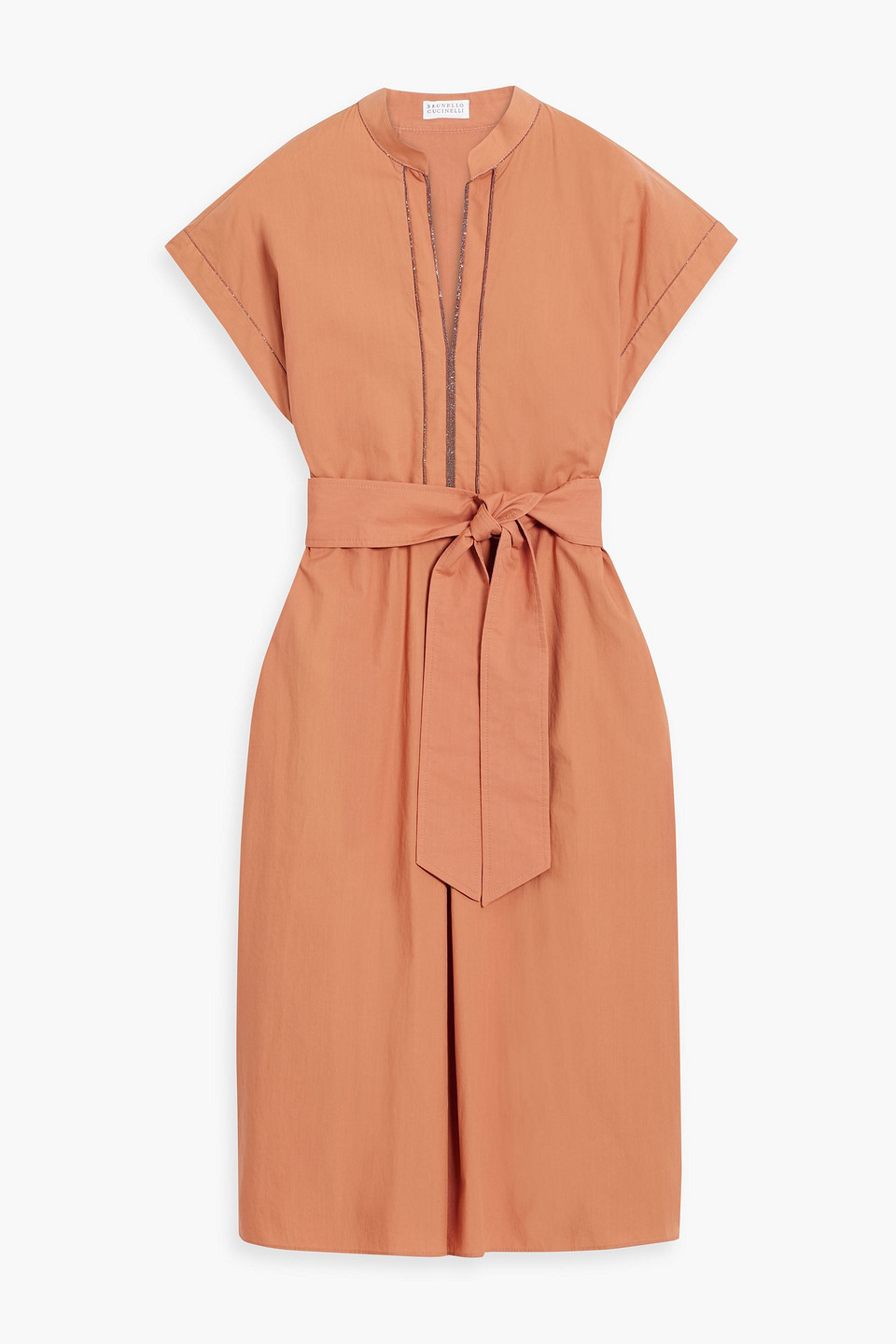 Brunello Cucinelli Bead-embellished Pleated Cotton-poplin Midi Dress In Peach
