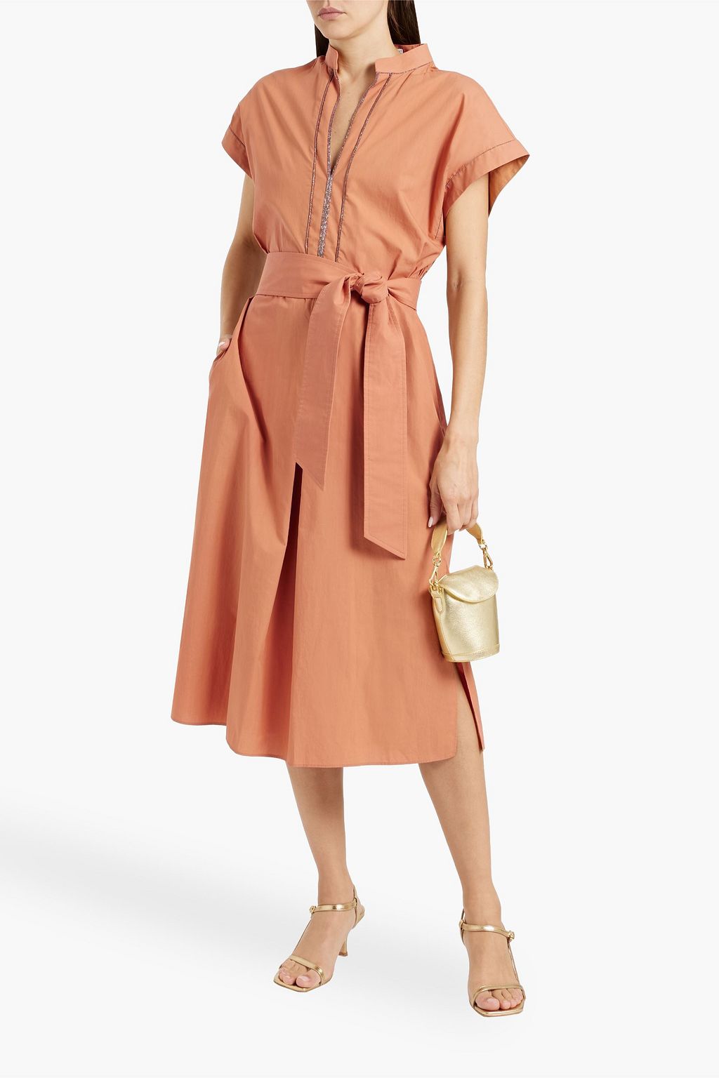 BRUNELLO CUCINELLI Bead-embellished pleated cotton-poplin midi dress