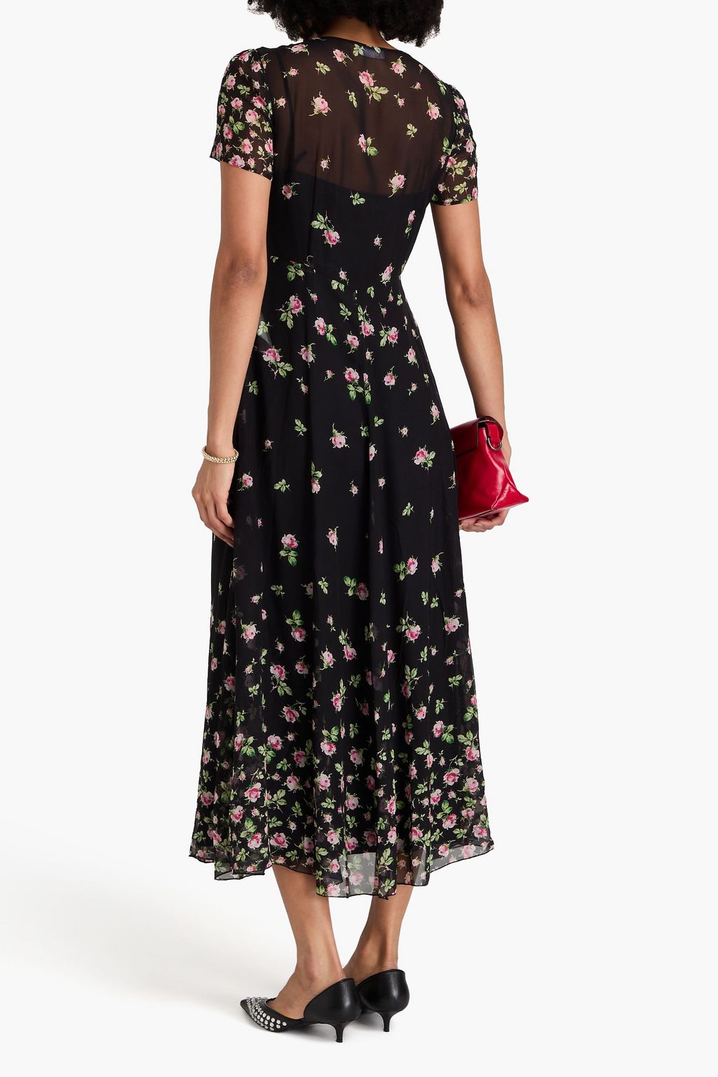 REDVALENTINO فستان متوسط الطول من حرير شيفون بقصّة ملفوفة ومزين بطبعة الأزهار