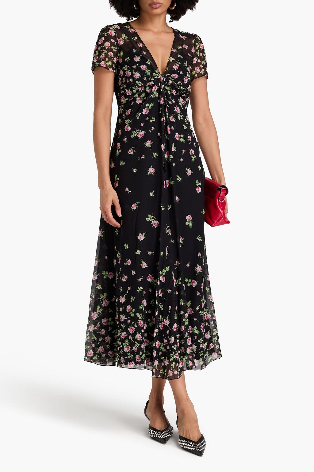 REDVALENTINO فستان متوسط الطول من حرير شيفون بقصّة ملفوفة ومزين بطبعة الأزهار
