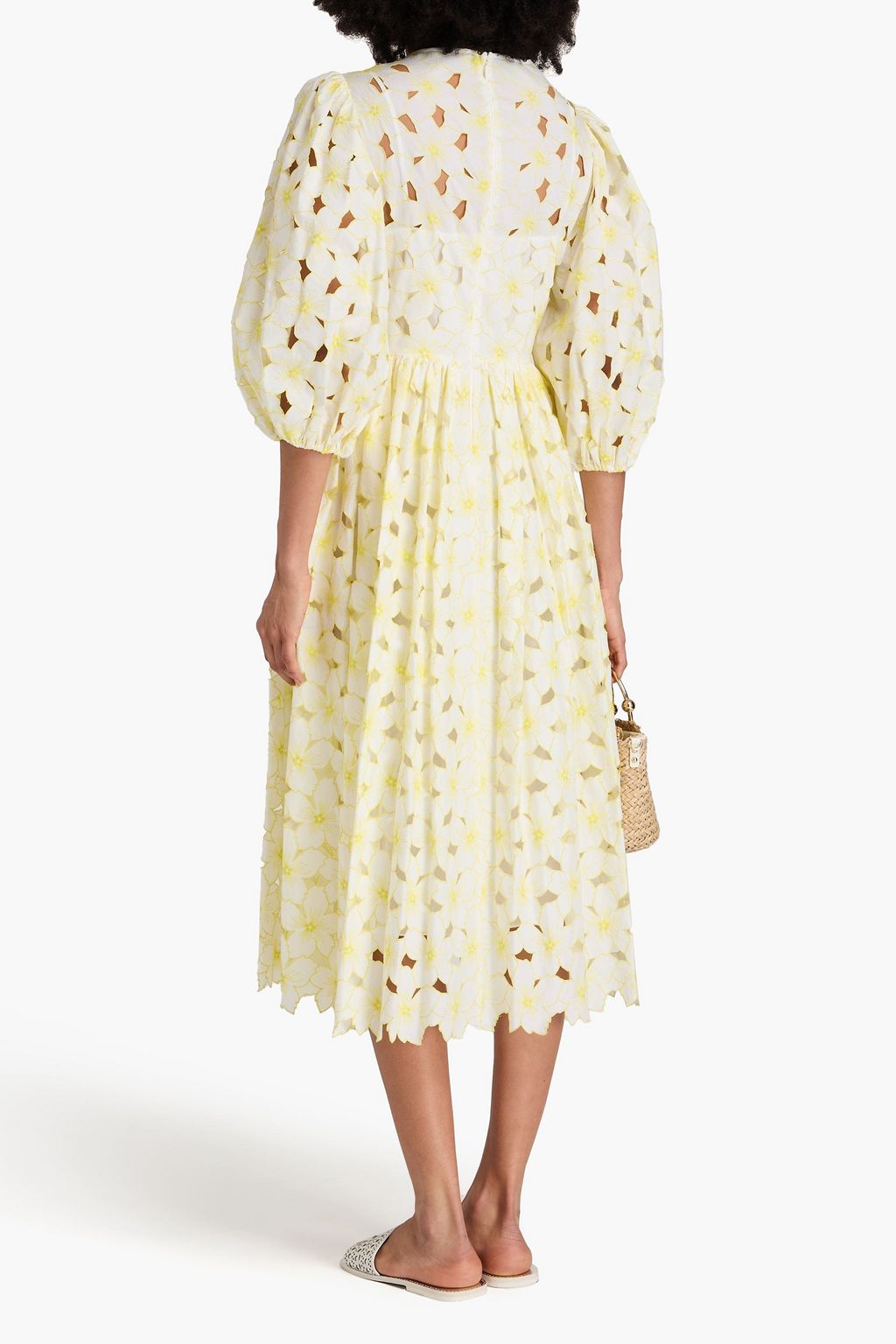 REDVALENTINO 개더 디테일 브로드리 앙글레즈 코튼 혼방 미디 드레스