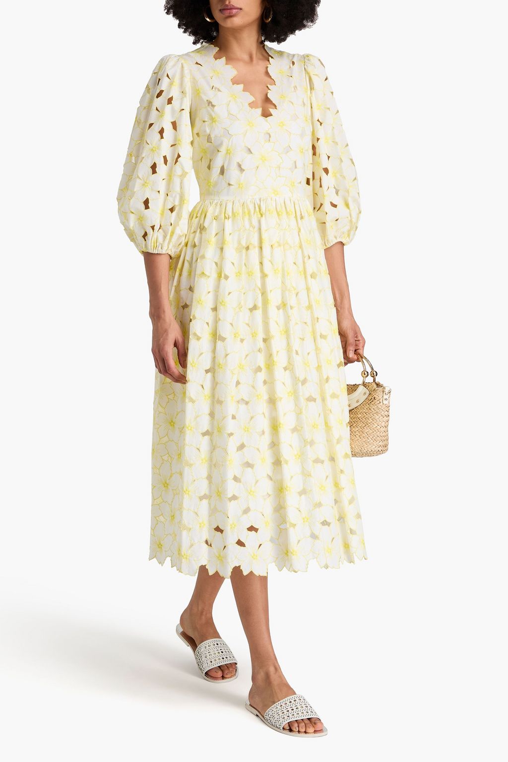 REDVALENTINO 개더 디테일 브로드리 앙글레즈 코튼 혼방 미디 드레스