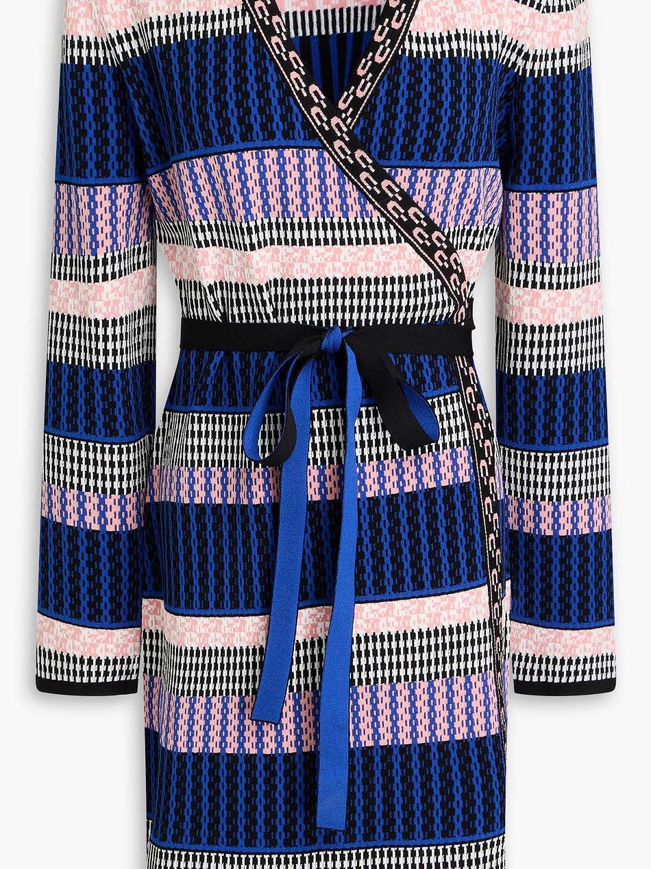 metlia belted jacquard-knit mini wrap dress