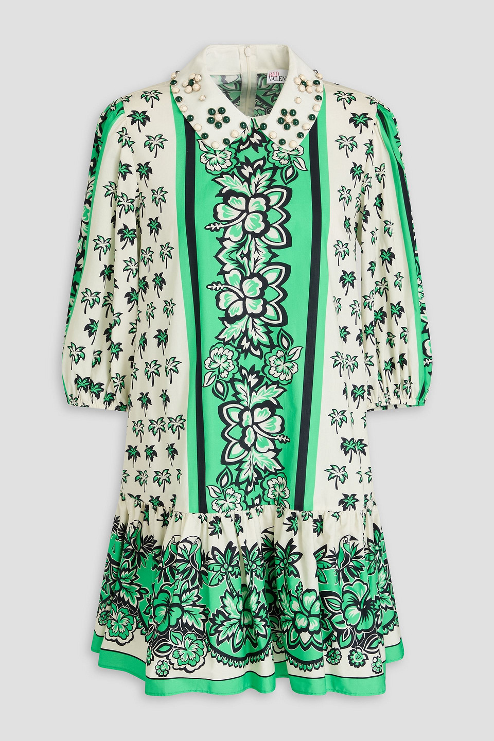 Red Embellished Printed Cotton-poplin Mini Dress In White