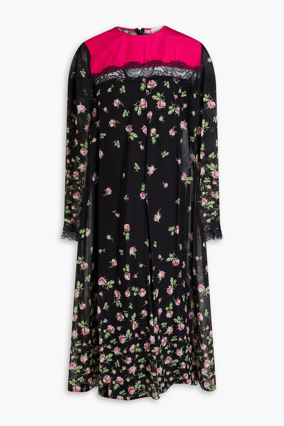 Red Lace-trimmed Floral-print Silk-chiffon Midi Dress In Black