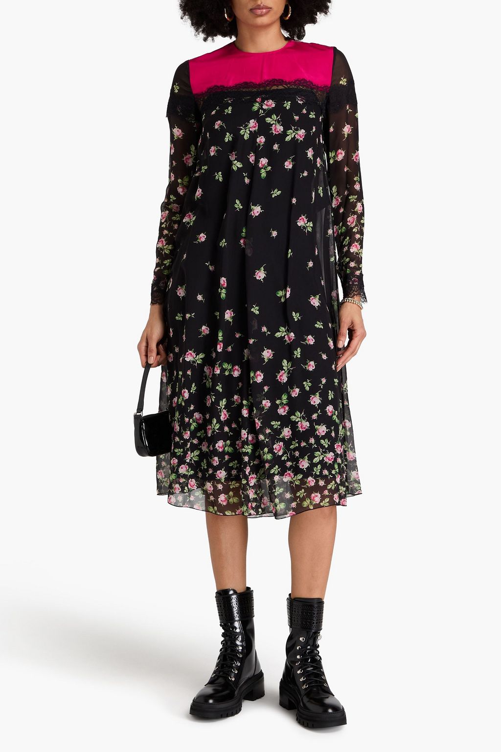 REDVALENTINO فستان متوسط الطول من حرير شيفون بحواف من الدانتيل ومزين بطبعة الأزهار