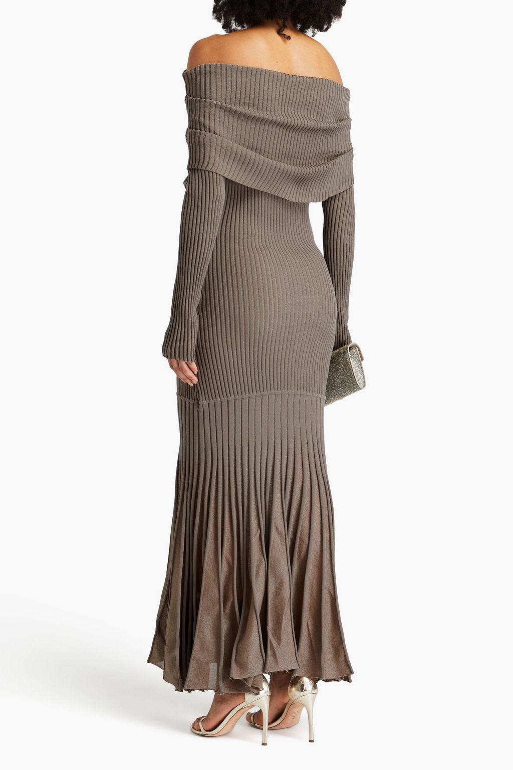 NICHOLAS Off-the-shoulder metallic ribbed-knit maxi dress