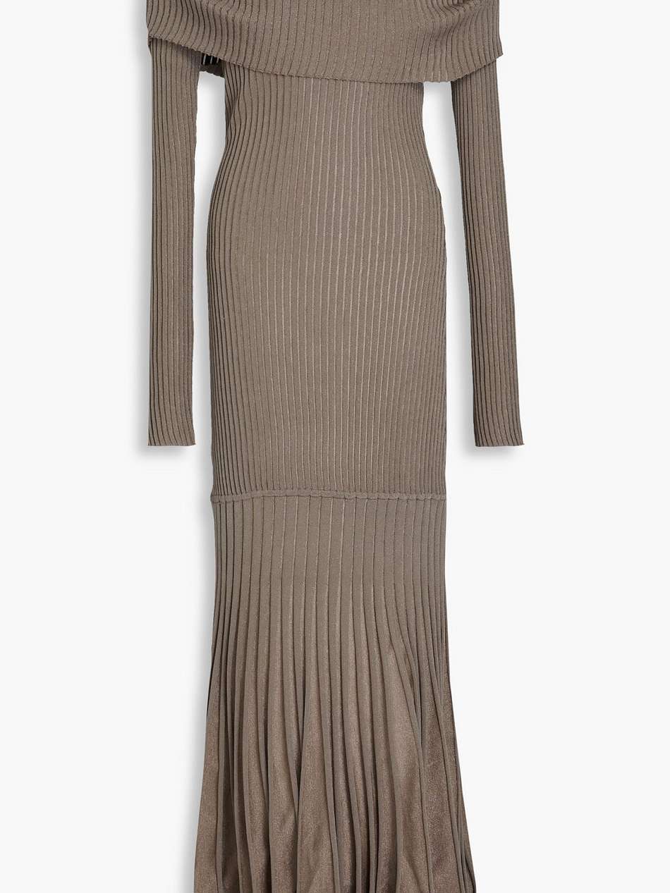 off-the-shoulder metallic ribbed-knit maxi dress