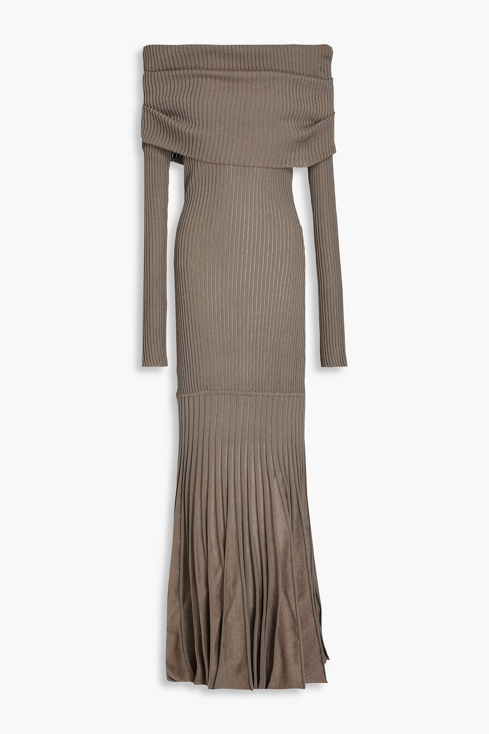Nicholas Maxine Off-the-shoulder Metallic Ribbed-knit Maxi Dress In Taupe