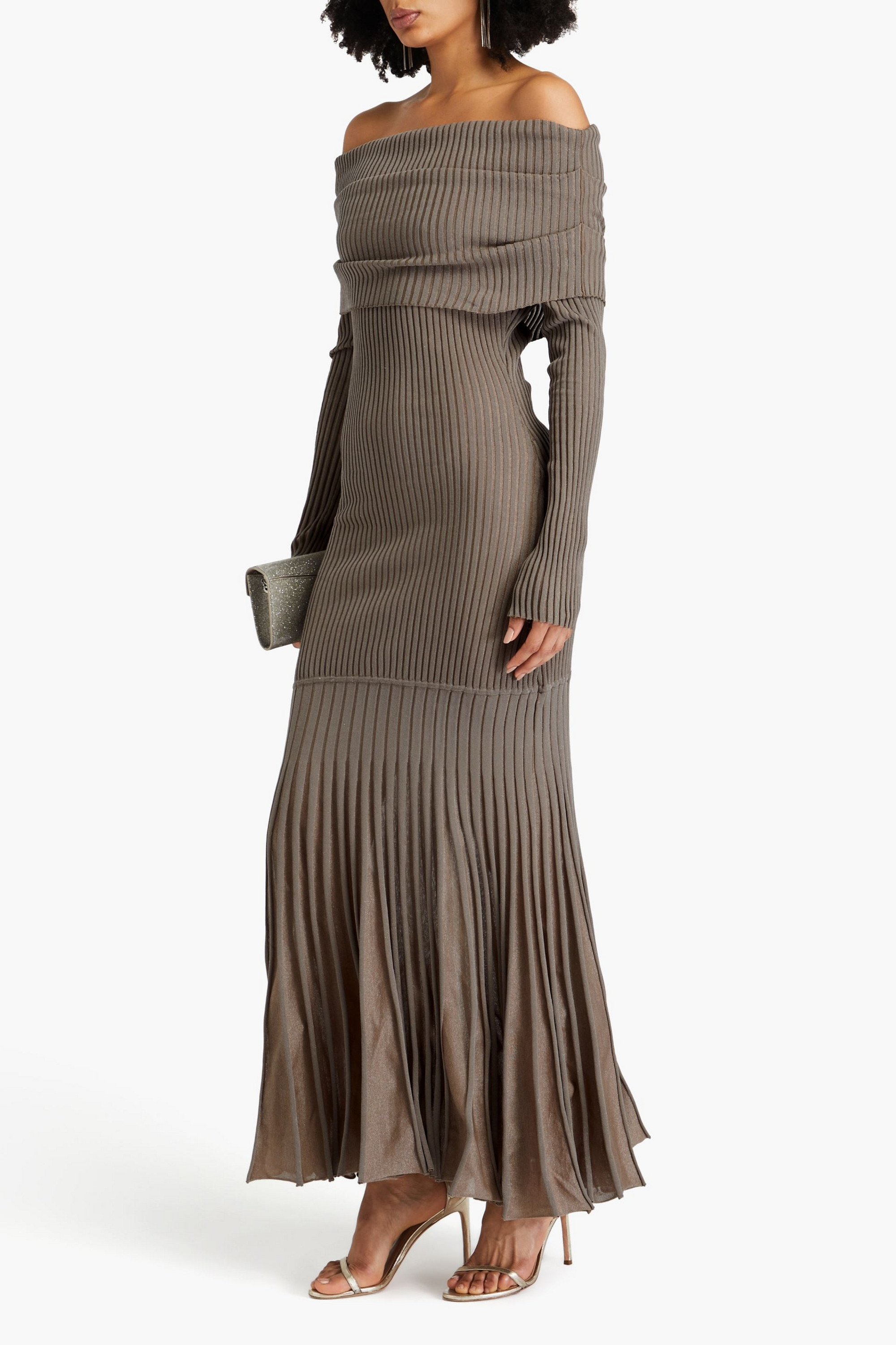 NICHOLAS Off-the-shoulder metallic ribbed-knit maxi dress
