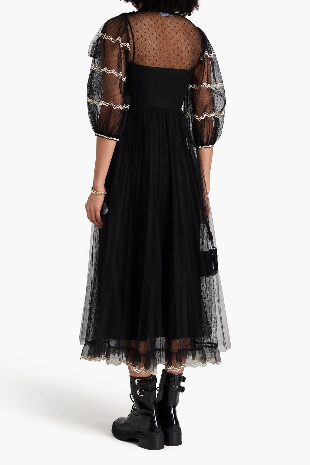 REDVALENTINO فستان متوسط الطول من قماش بوان ديسبري مطرّز مزين بربطة بشكل فراشة