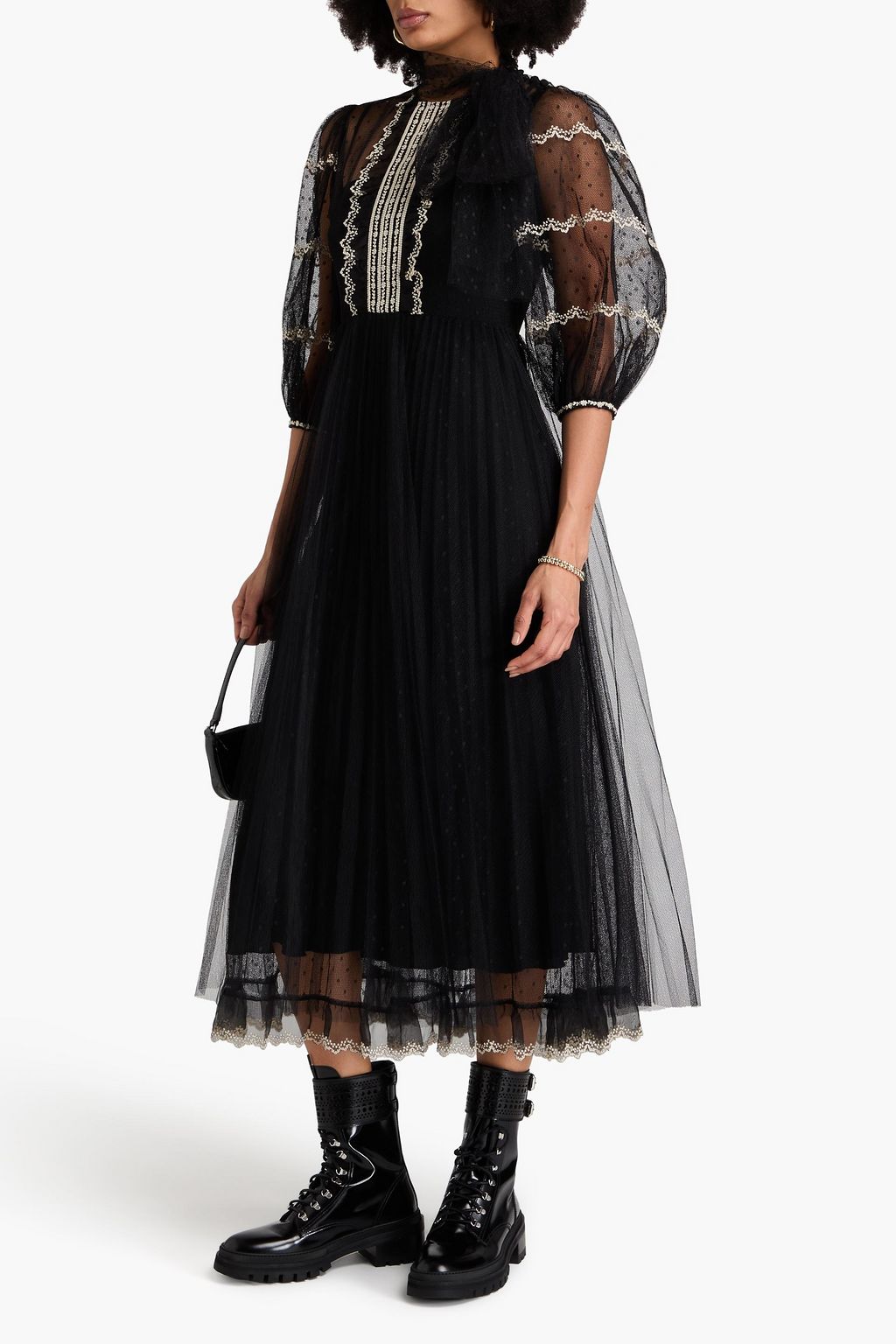 REDVALENTINO فستان متوسط الطول من قماش بوان ديسبري مطرّز مزين بربطة بشكل فراشة
