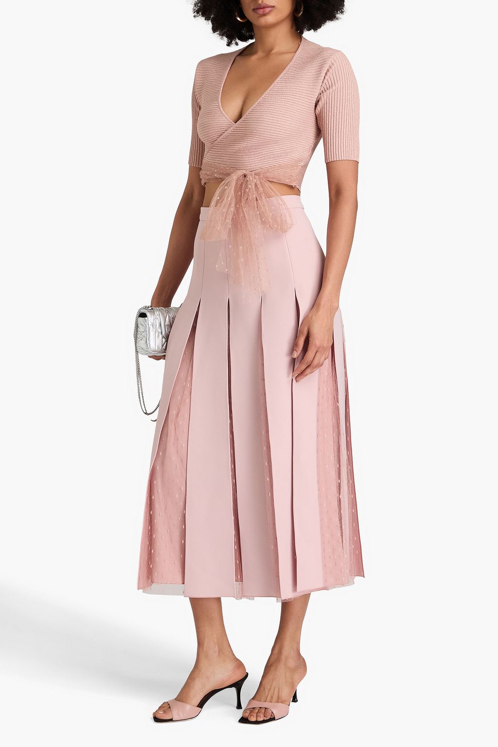 REDVALENTINO بلوزة قصيرة بحبكة مضلّعة وبتأثير ملتف بلون معدني