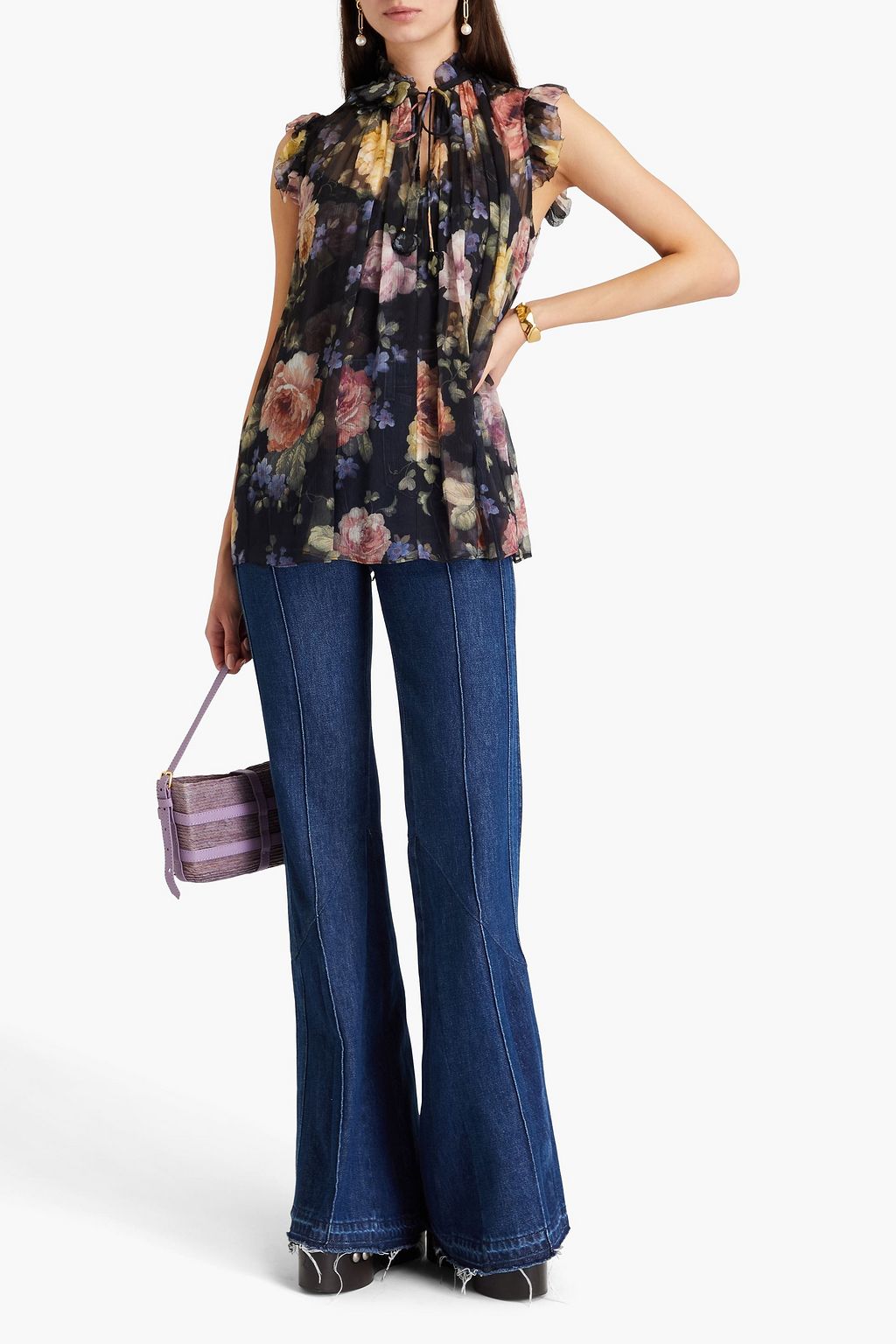 ZIMMERMANN Gathered floral-print silk-crepon top
