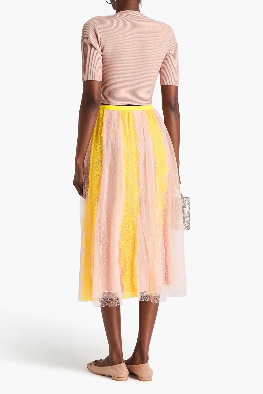 REDVALENTINO تنورة متوسطة الطول مصنوعة من قماش بوان ديسبري مع قِطع محاكة بجانب بعضها البعض من الدانتيل
