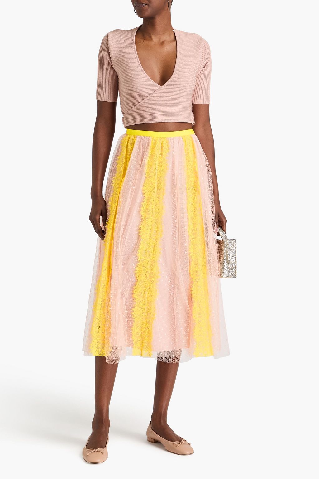 REDVALENTINO تنورة متوسطة الطول مصنوعة من قماش بوان ديسبري مع قِطع محاكة بجانب بعضها البعض من الدانتيل