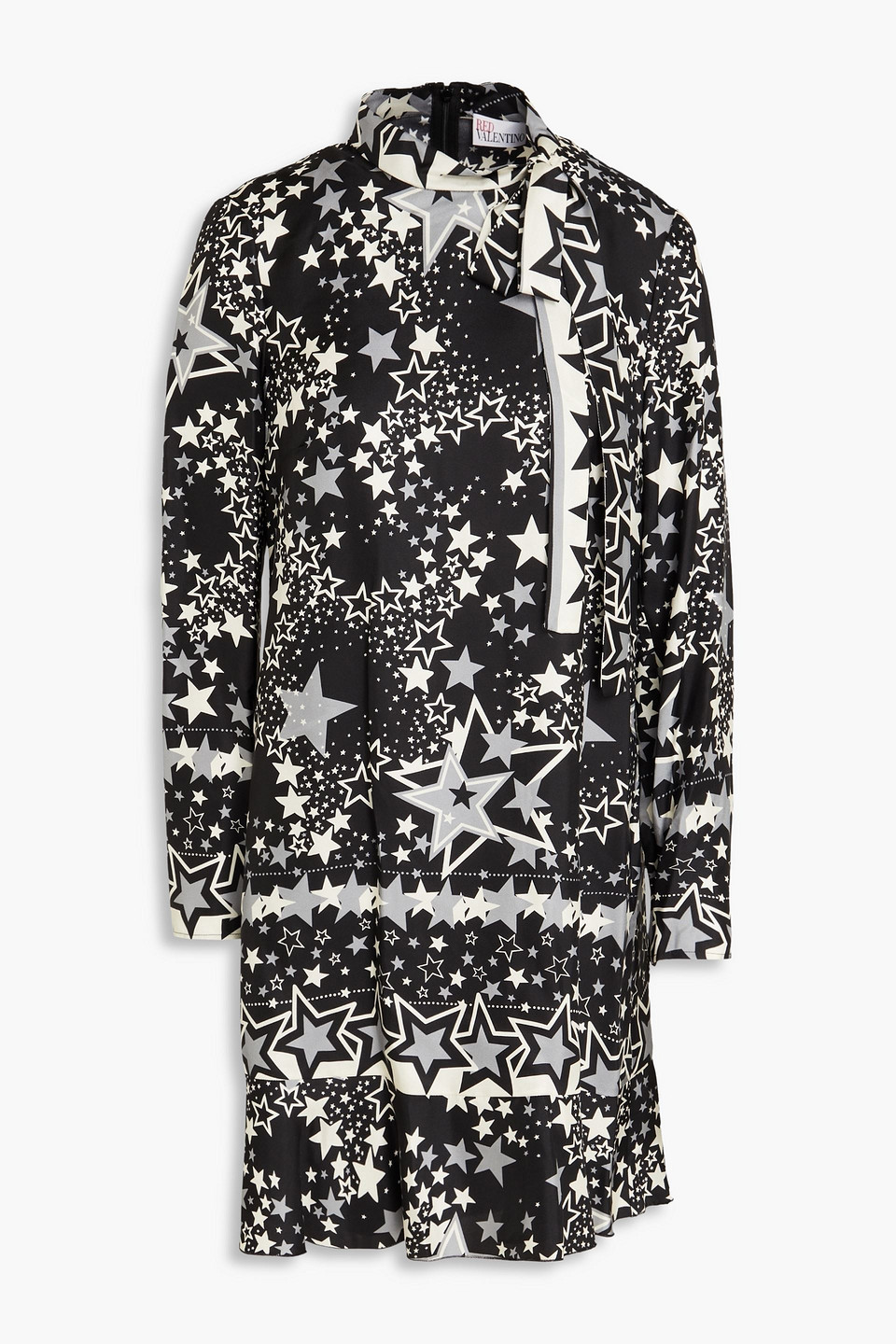 Red Pussy-bow Printed Silk-twill Mini Dress In Black