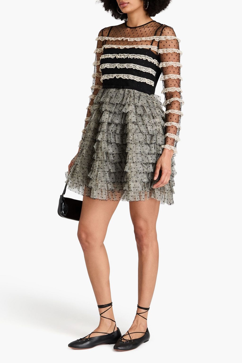 REDVALENTINO 러플 장식 푸앵 데스프리 티어드 미니 드레스