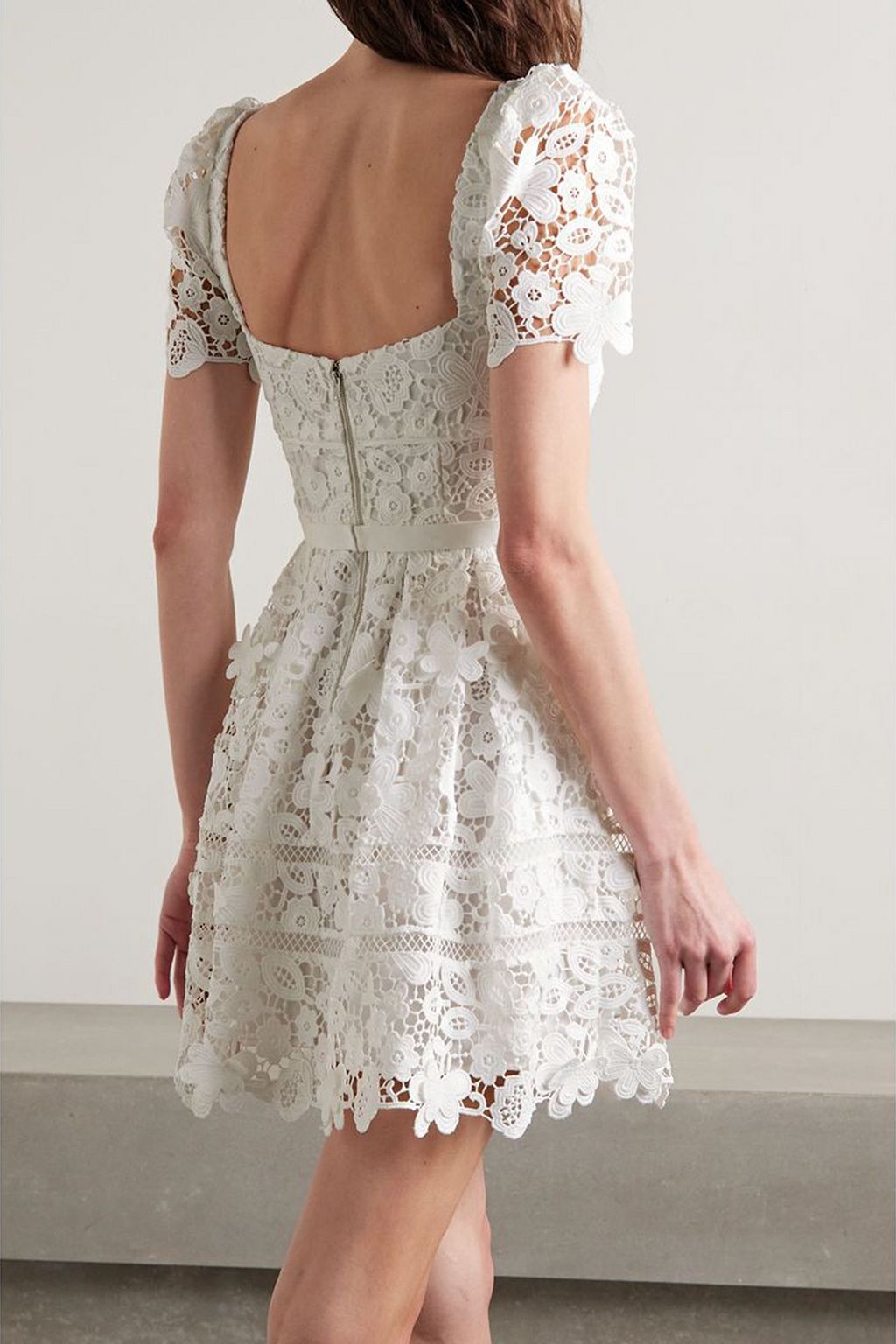 SELF-PORTRAIT Grosgrain-trimmed guipure lace mini dress