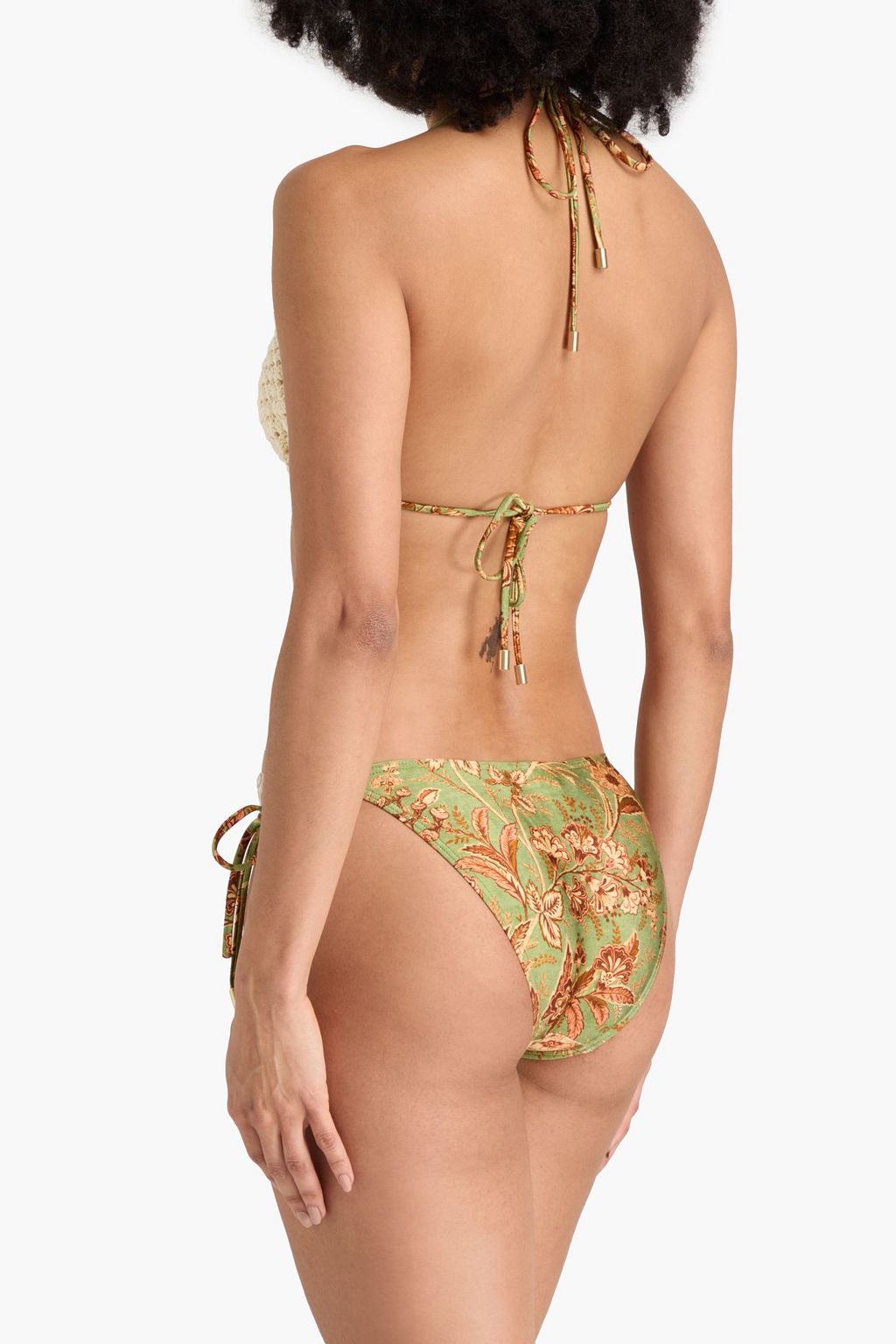 ZIMMERMANN Floral-print crochet-knit cotton halterneck bikini