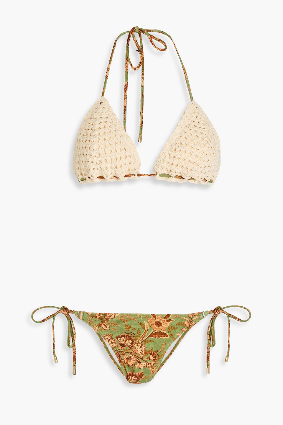 ZIMMERMANN FLORAL-PRINT CROCHET-KNIT COTTON HALTERNECK BIKINI