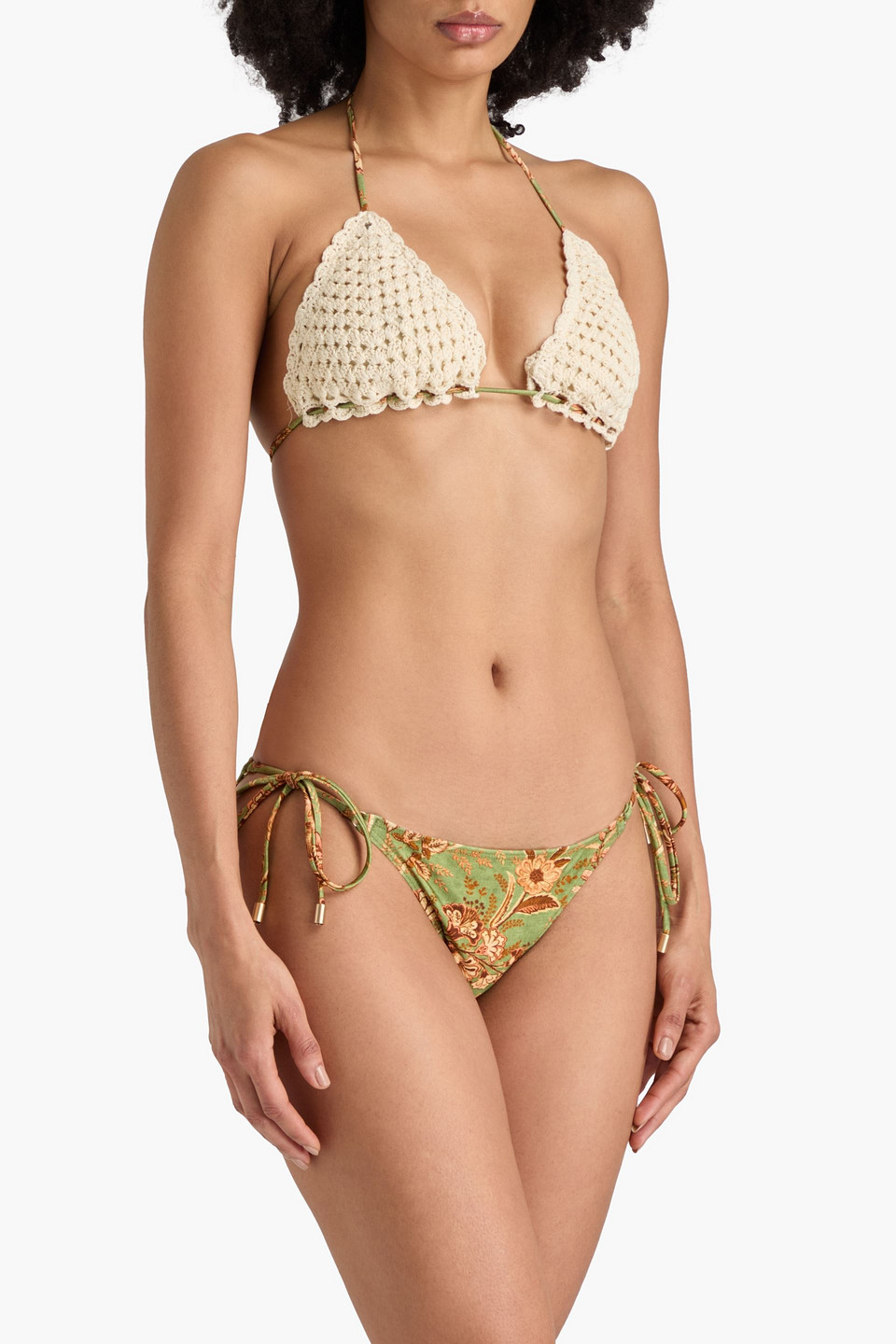 ZIMMERMANN FLORAL-PRINT CROCHET-KNIT COTTON HALTERNECK BIKINI