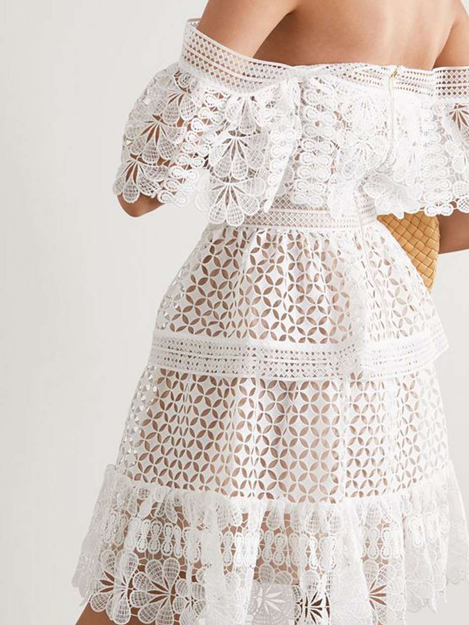 off-the-shoulder guipure lace mini dress