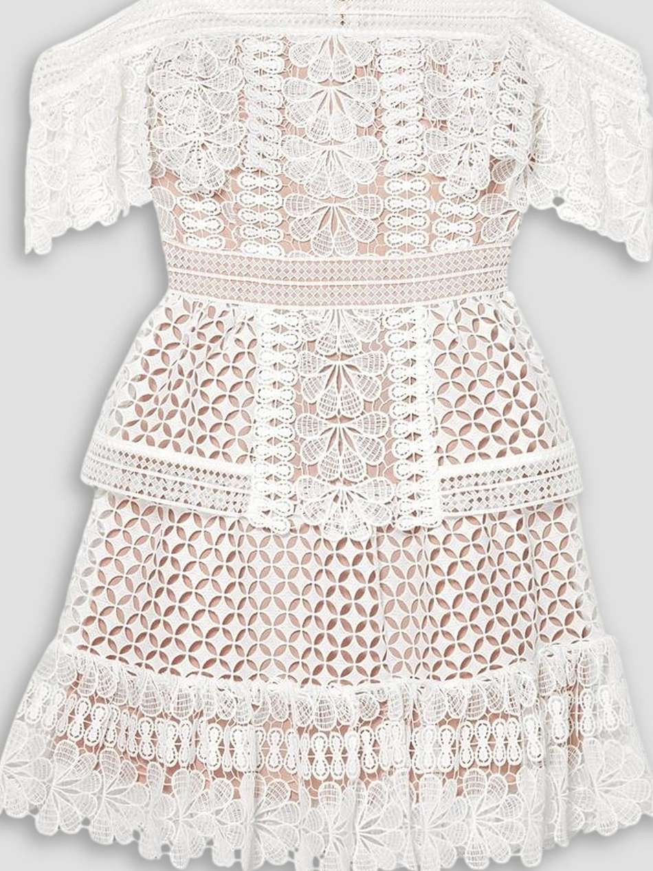 off-the-shoulder guipure lace mini dress