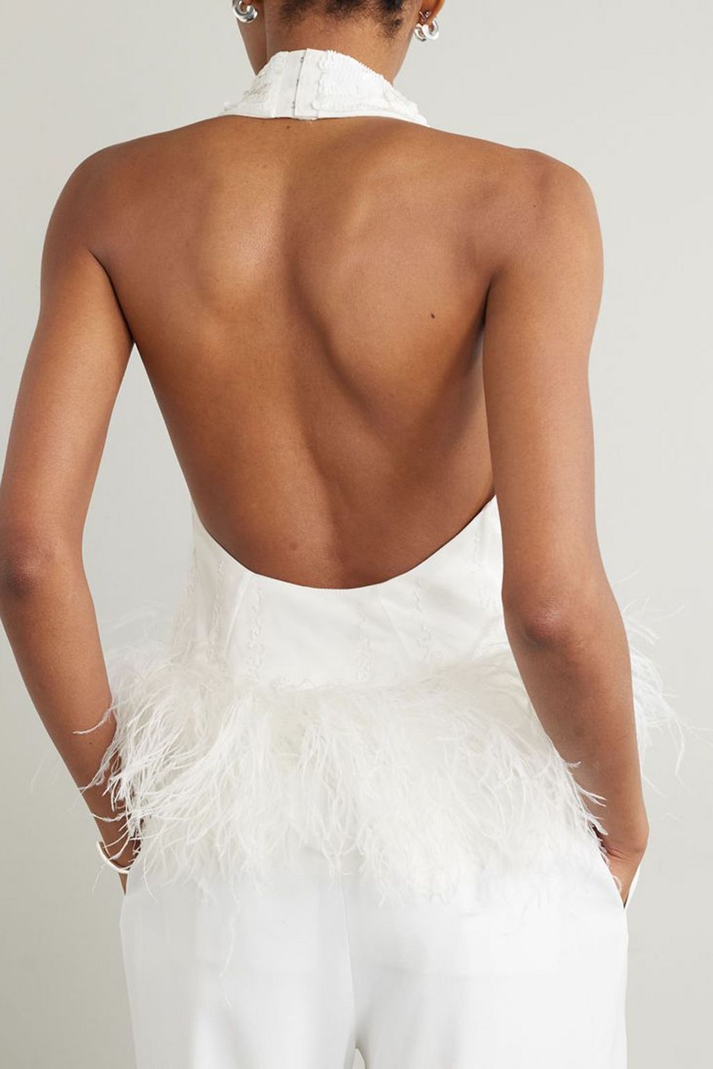 16ARLINGTON Salina feather-trimmed embellished tulle halterneck top