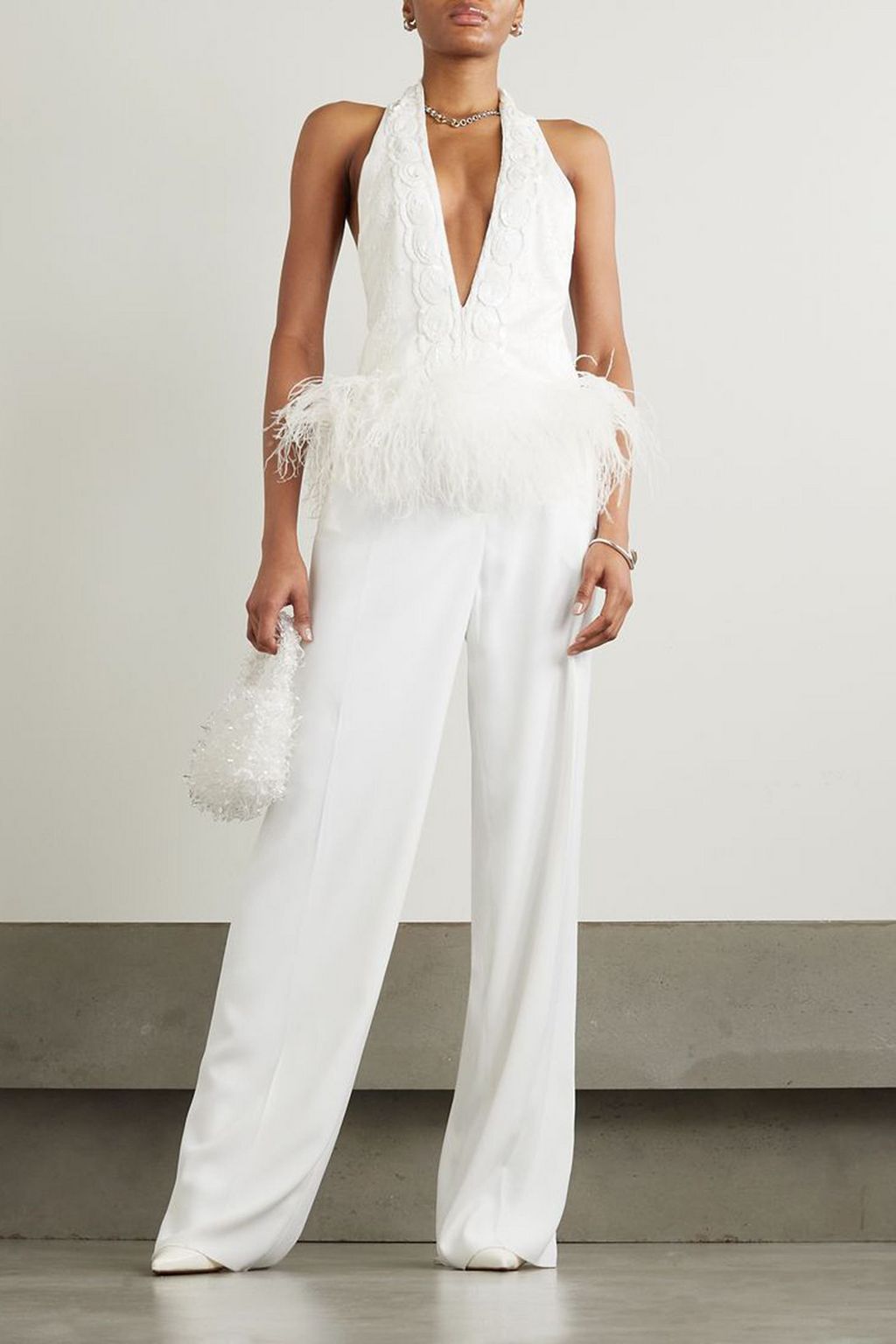16ARLINGTON Salina feather-trimmed embellished tulle halterneck top
