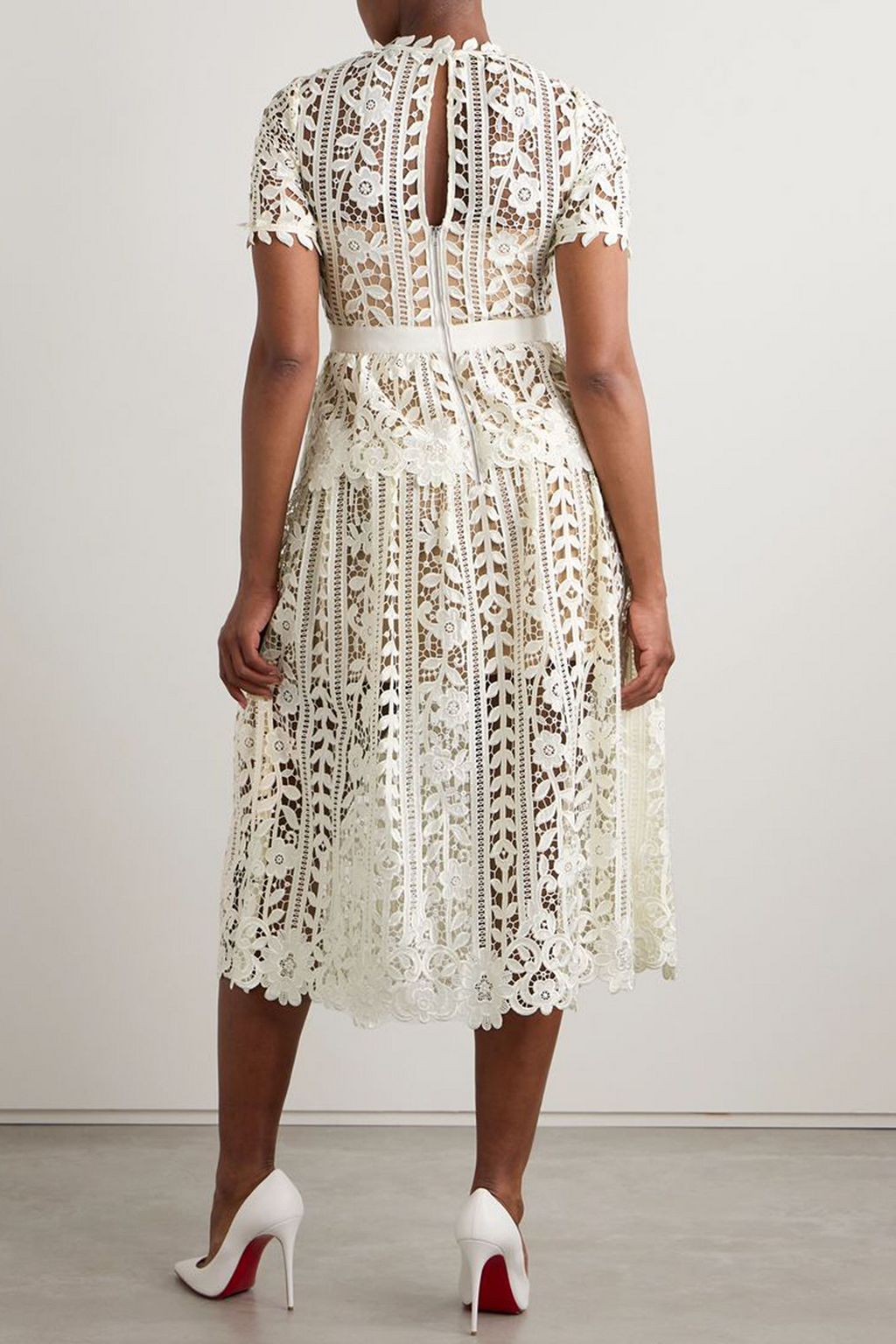 SELF-PORTRAIT Grosgrain-trimmed embroidered guipure lace peplum midi dress