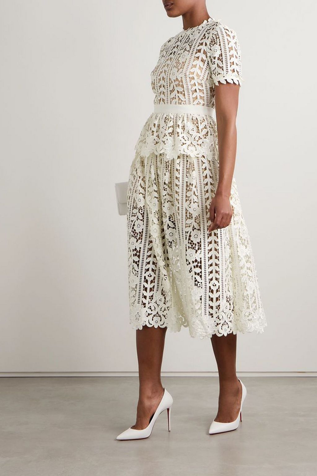 SELF-PORTRAIT Grosgrain-trimmed embroidered guipure lace peplum midi dress
