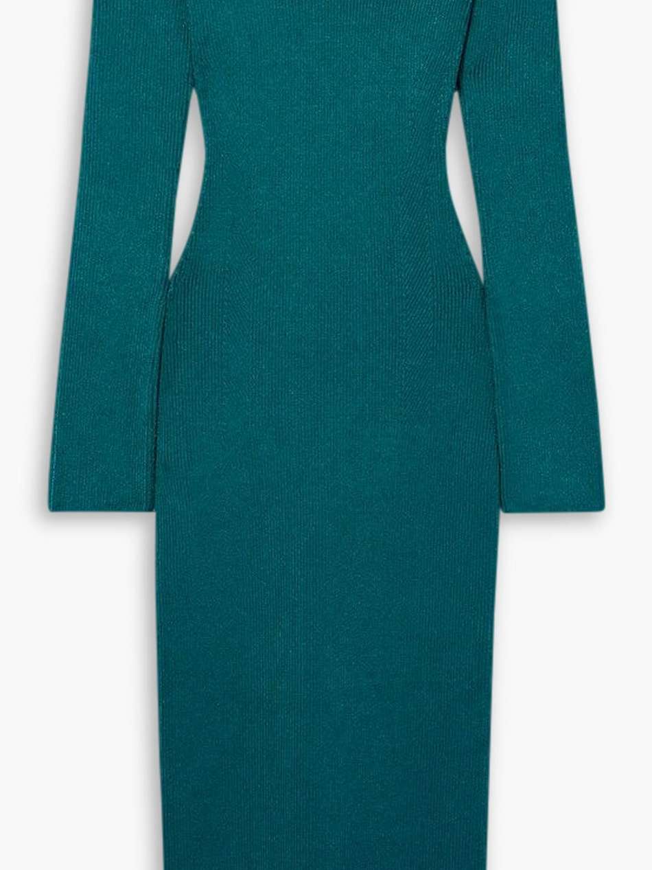 grace off-the-shoulder ribbed-knit midi dress