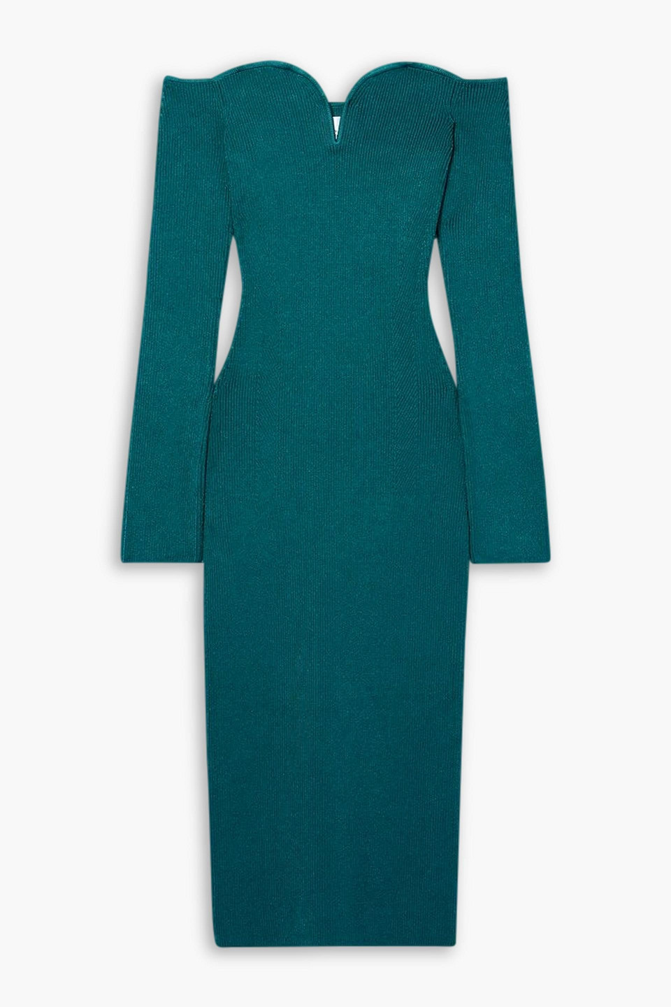 Galvan Grace Off-the-shoulder Ribbed-knit Midi Dress In Petrol