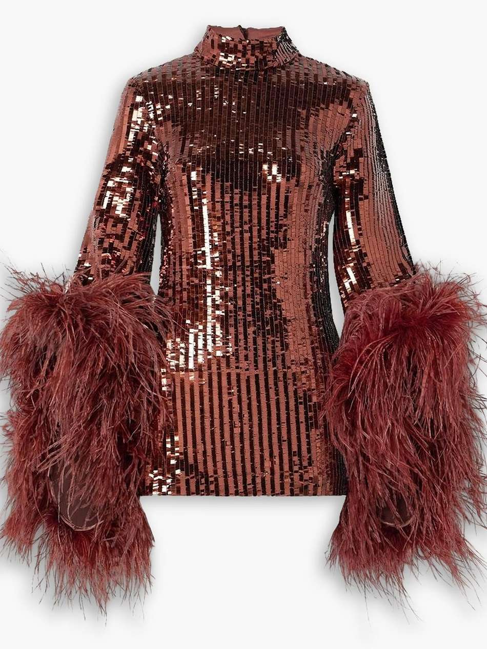 del rio disco feather-trimmed sequined tulle mini dress