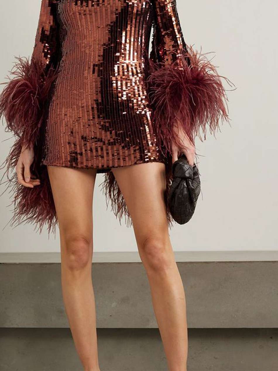 del rio disco feather-trimmed sequined tulle mini dress
